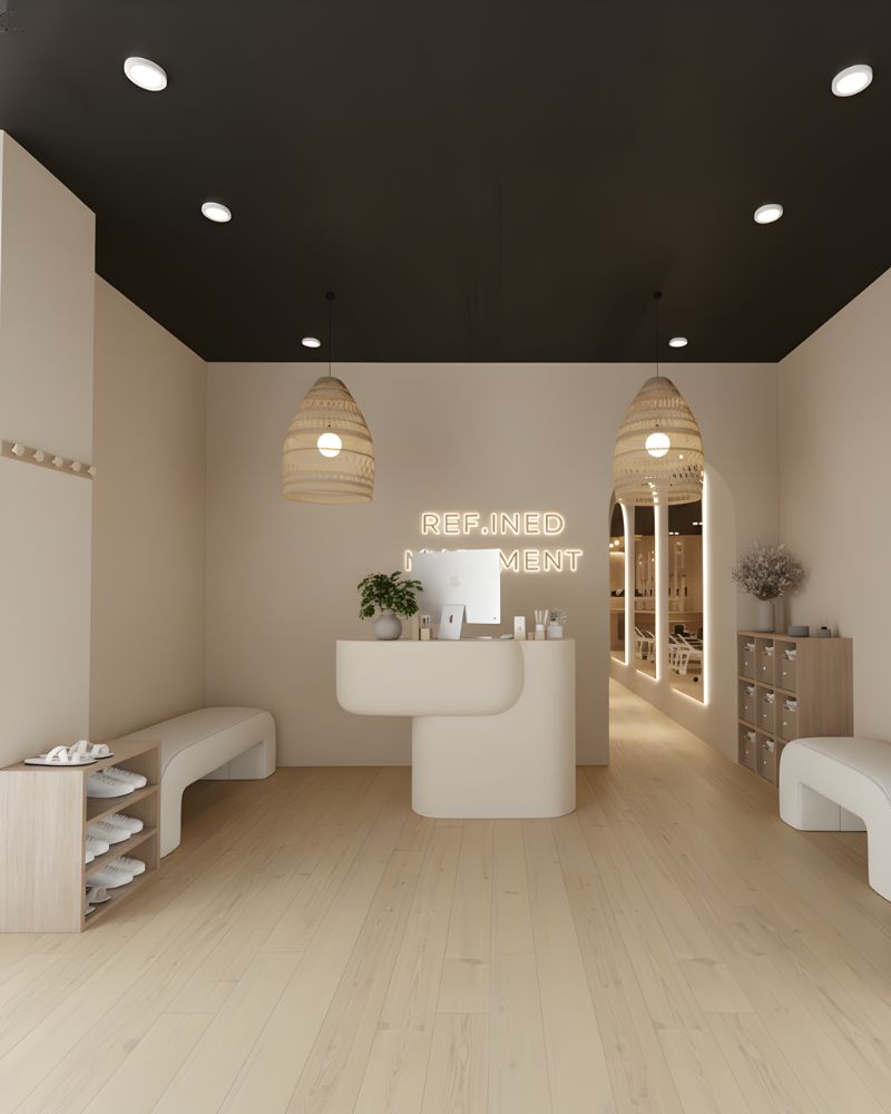 Reception area with neon logo